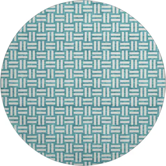 8' Teal And Ivory Abstract Geometric Washable Round Rug With UV Protection Photo 1