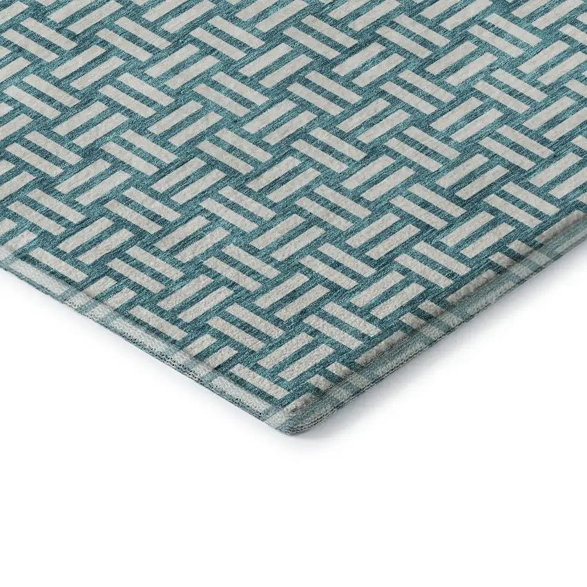 8' Teal And Ivory Abstract Geometric Washable Round Rug With UV Protection Photo 6