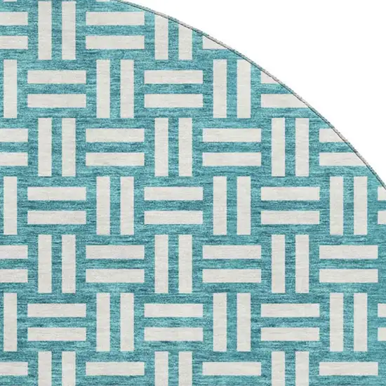 8' Teal And Ivory Abstract Geometric Washable Round Rug With UV Protection Photo 2