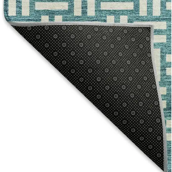 8' Teal And Ivory Abstract Geometric Washable Round Rug With UV Protection Photo 5