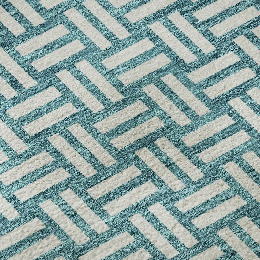 8' Teal And Ivory Abstract Geometric Washable Round Rug With UV Protection Photo 8