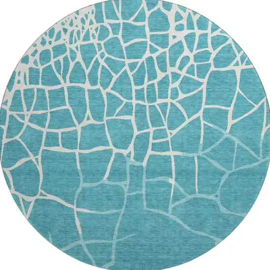 8' Teal And Ivory Abstract Geometric Washable Round Rug With UV Protection Photo 3