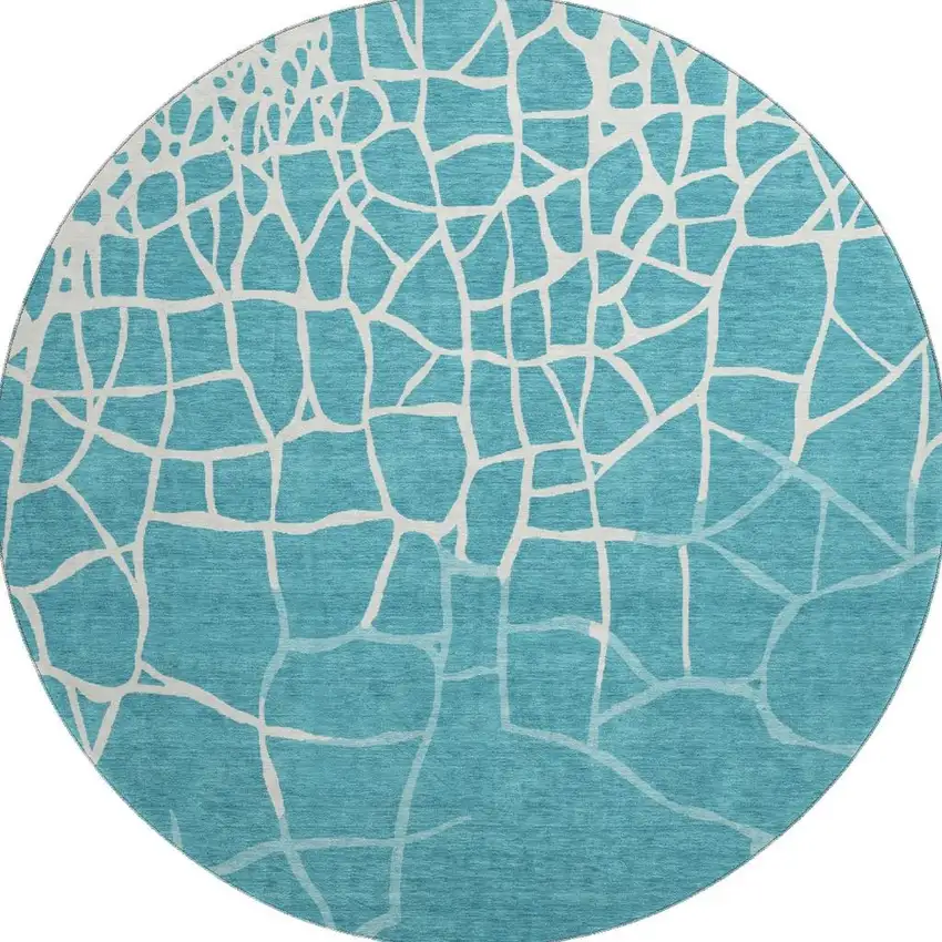8' Teal And Ivory Abstract Geometric Washable Round Rug With UV Protection Photo 3