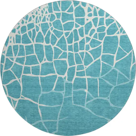 8' Teal And Ivory Abstract Geometric Washable Round Rug With UV Protection Photo 1