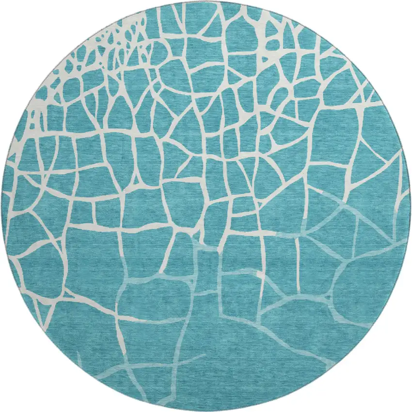 8' Teal And Ivory Abstract Geometric Washable Round Rug With UV Protection Photo 1