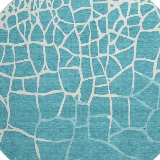 8' Teal And Ivory Abstract Geometric Washable Round Rug With UV Protection Photo 2