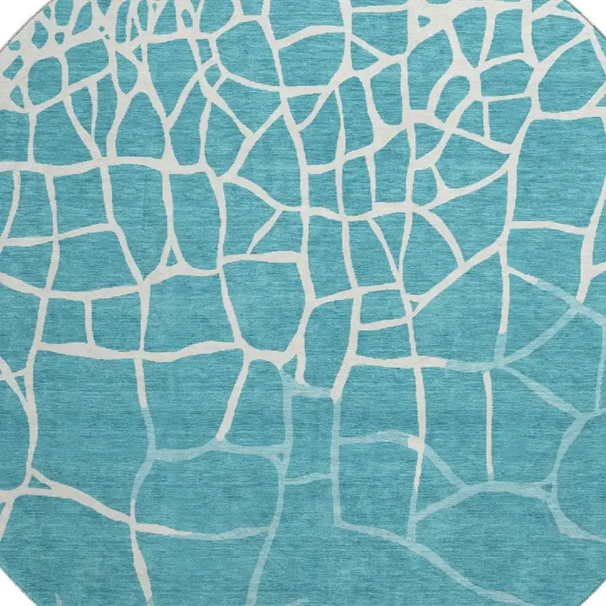 8' Teal And Ivory Abstract Geometric Washable Round Rug With UV Protection Photo 2