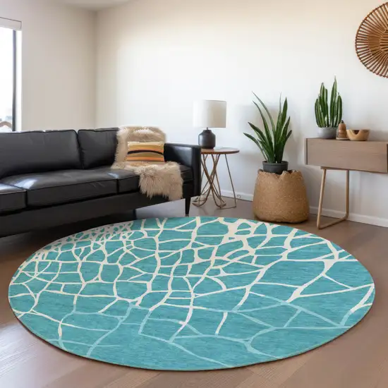 8' Teal And Ivory Abstract Geometric Washable Round Rug With UV Protection Photo 4