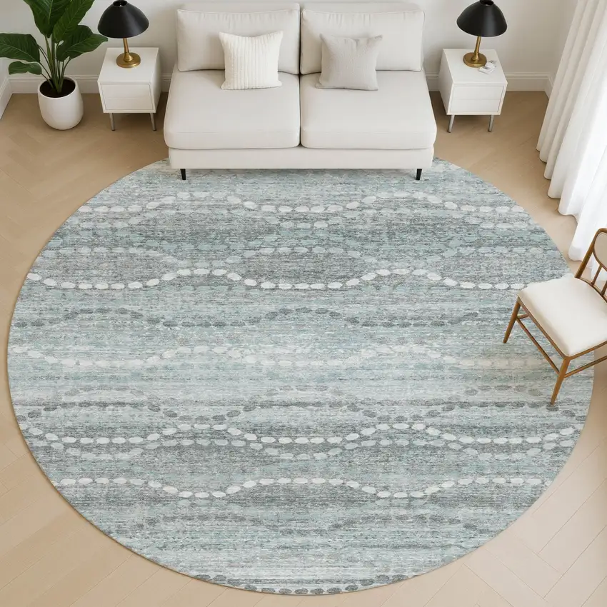 8' Teal And Ivory Abstract Geometric Washable Round Rug With UV Protection Photo 5