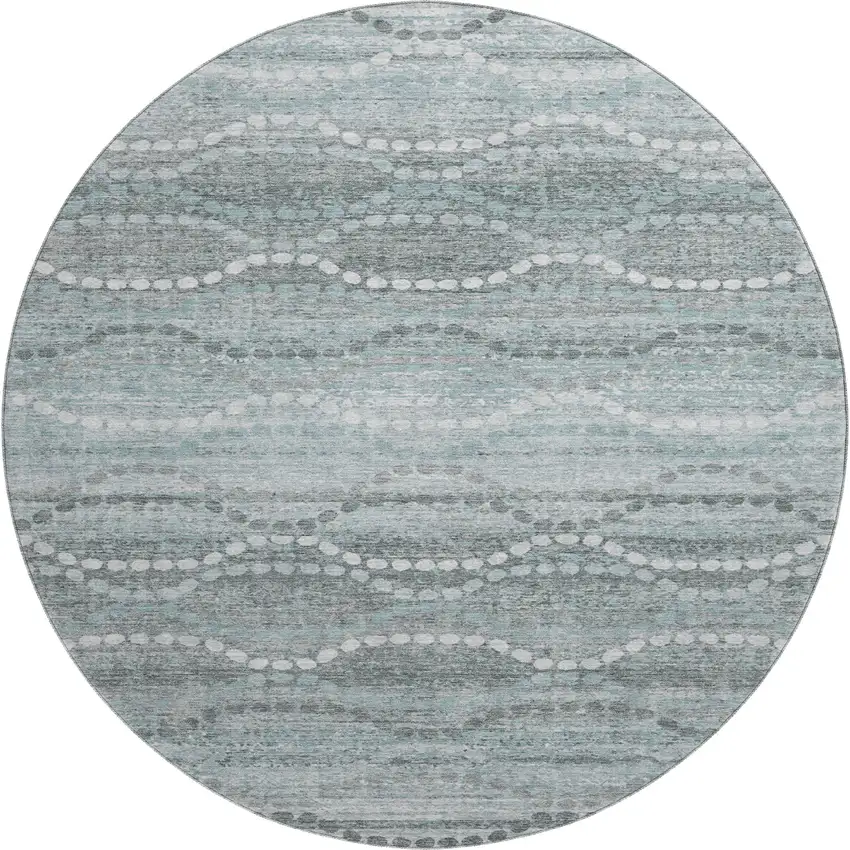 8' Teal And Ivory Abstract Geometric Washable Round Rug With UV Protection Photo 1
