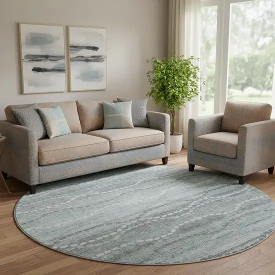 8' Teal And Ivory Abstract Geometric Washable Round Rug With UV Protection Photo 2