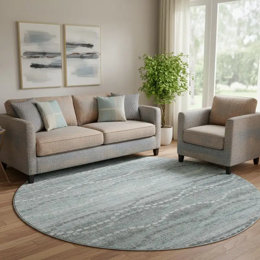 8' Teal And Ivory Abstract Geometric Washable Round Rug With UV Protection Photo 2