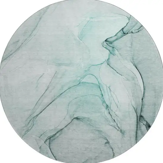 8' Teal And Ivory Abstract Washable Round Rug With UV Protection Photo 4