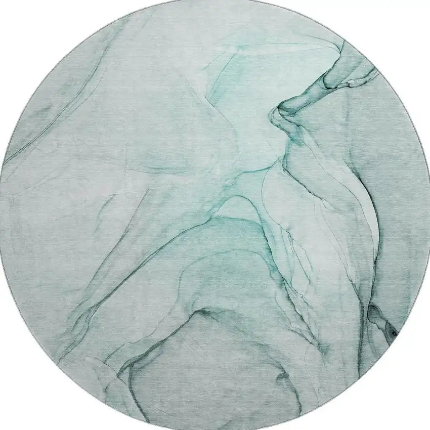 8' Teal And Ivory Abstract Washable Round Rug With UV Protection Photo 4