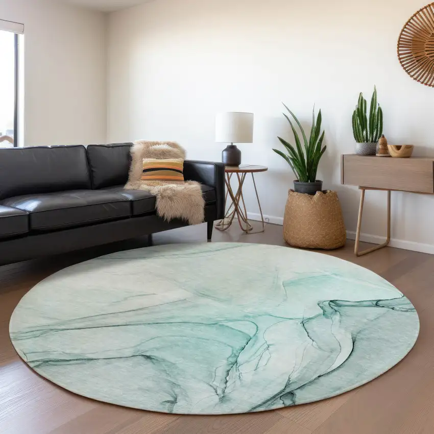 8' Teal And Ivory Abstract Washable Round Rug With UV Protection Photo 5
