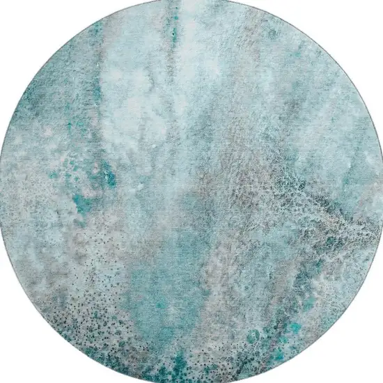 8' Teal And Ivory Abstract Washable Round Rug With UV Protection Photo 4