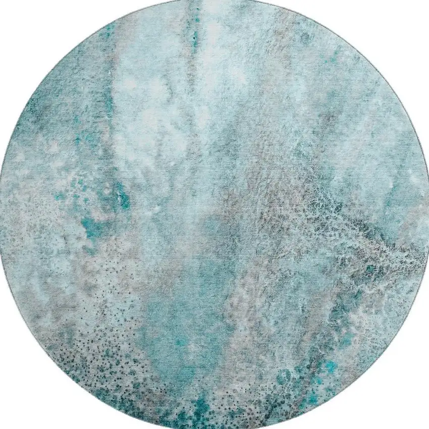 8' Teal And Ivory Abstract Washable Round Rug With UV Protection Photo 4