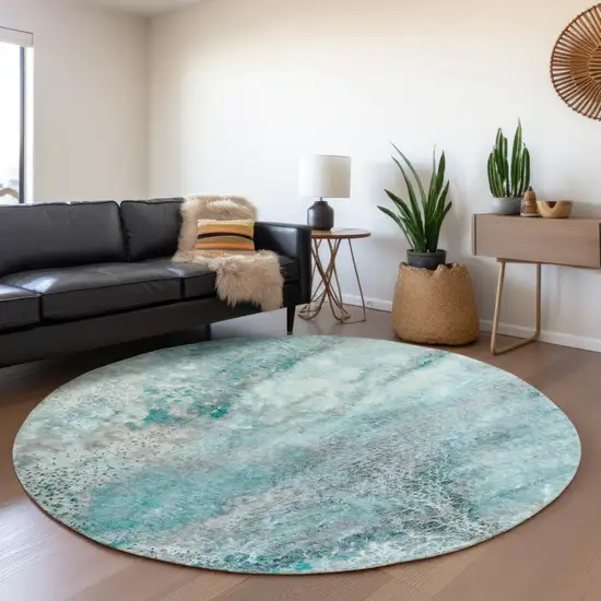8' Teal And Ivory Abstract Washable Round Rug With UV Protection Photo 5