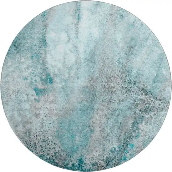 8' Teal And Ivory Abstract Washable Round Rug With UV Protection Photo 1