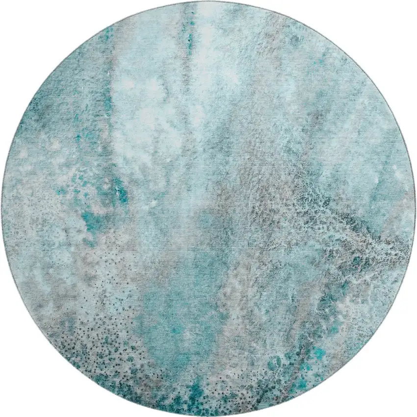 8' Teal And Ivory Abstract Washable Round Rug With UV Protection Photo 1