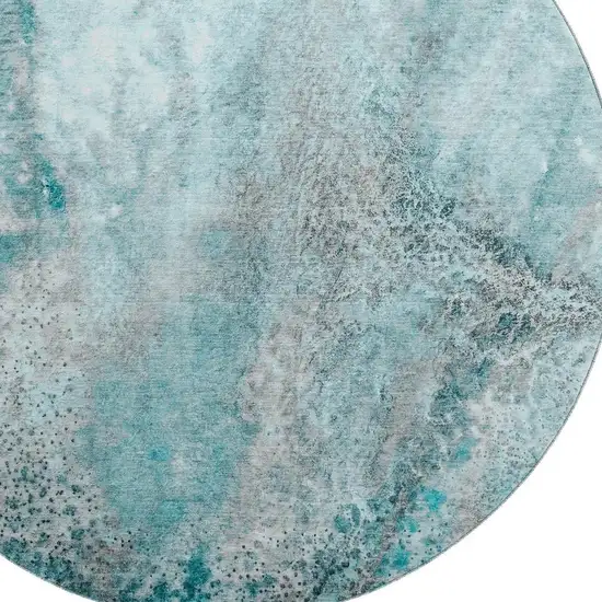 8' Teal And Ivory Abstract Washable Round Rug With UV Protection Photo 3