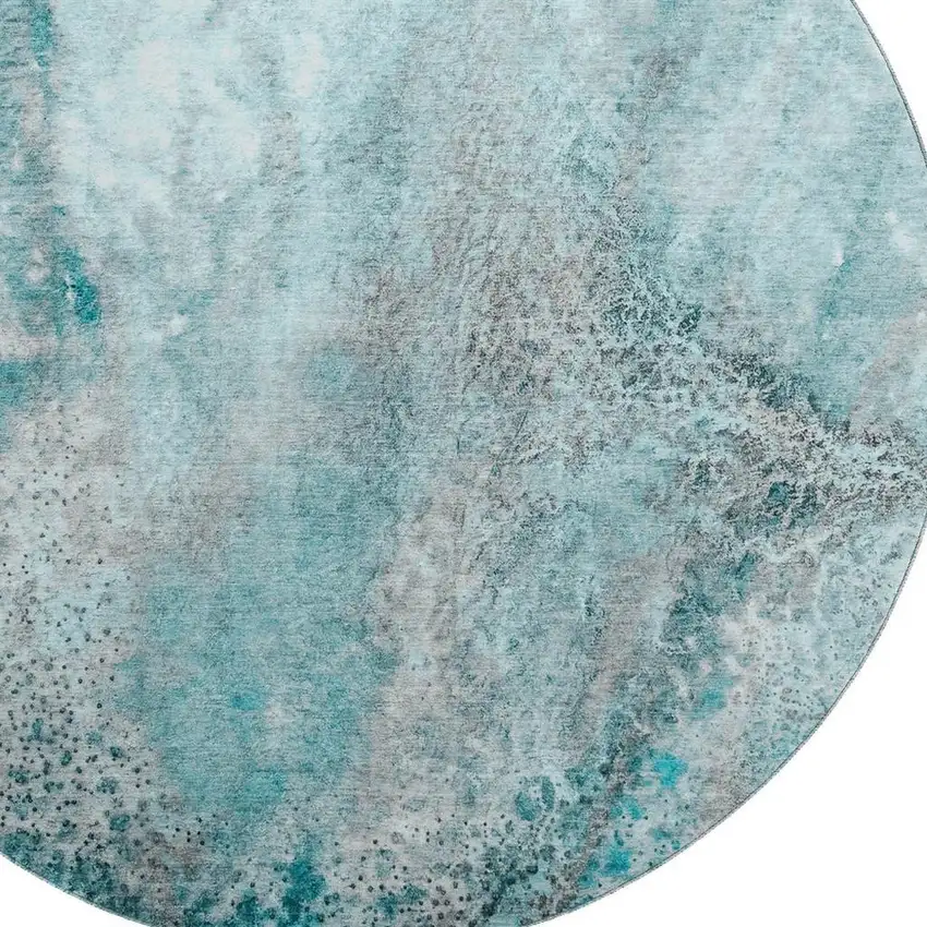 8' Teal And Ivory Abstract Washable Round Rug With UV Protection Photo 3