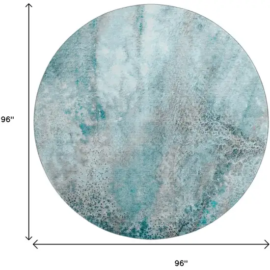8' Teal And Ivory Abstract Washable Round Rug With UV Protection Photo 9