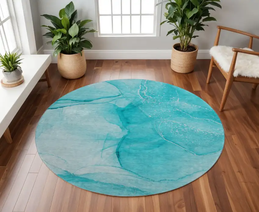 8' Teal And Ivory Abstract Washable Round Rug With UV Protection Photo 2