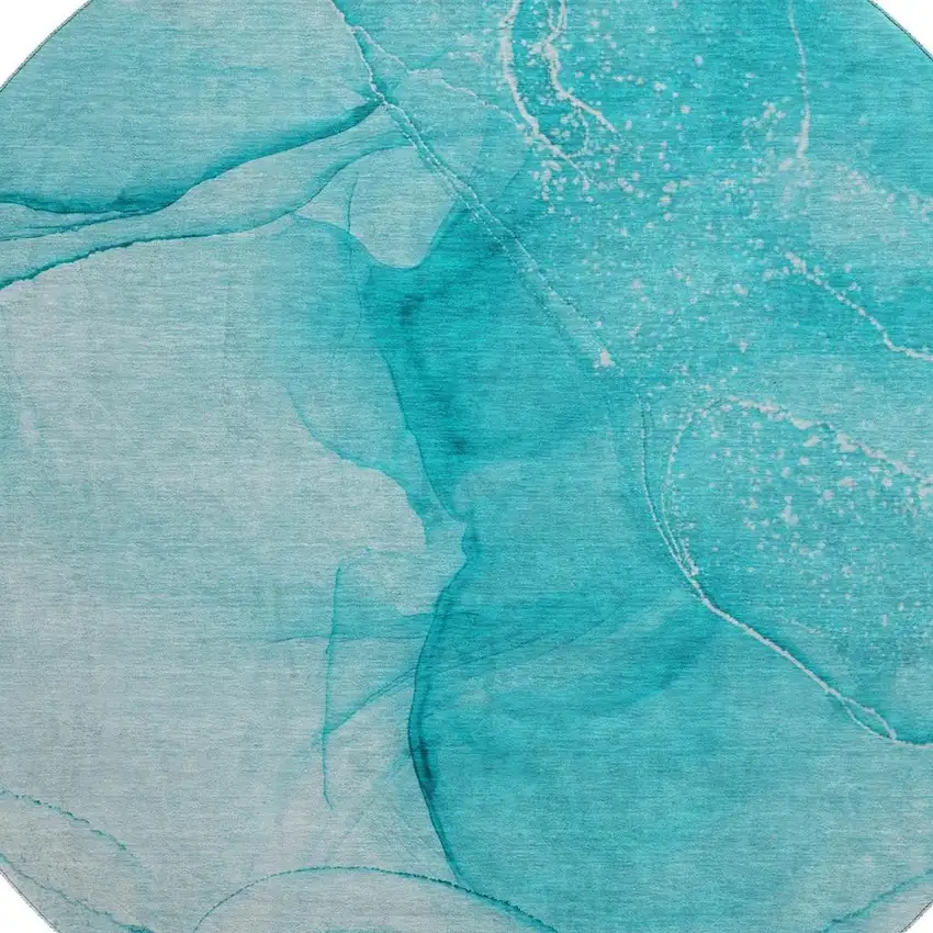 8' Teal And Ivory Abstract Washable Round Rug With UV Protection Photo 3