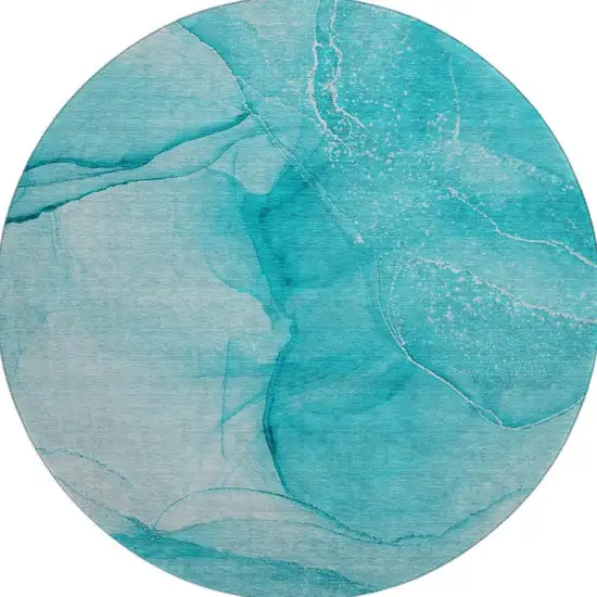 8' Teal And Ivory Abstract Washable Round Rug With UV Protection Photo 4
