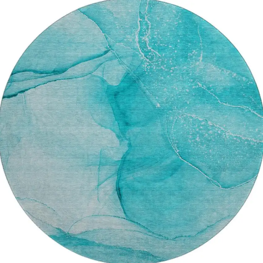 8' Teal And Ivory Abstract Washable Round Rug With UV Protection Photo 4
