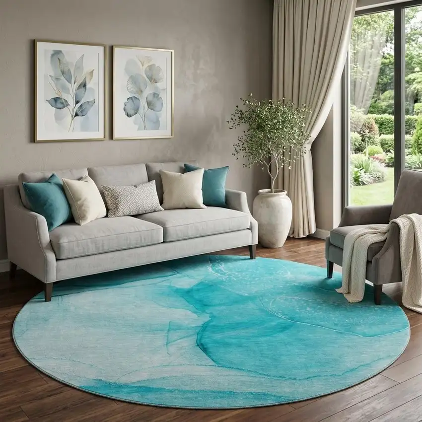 8' Teal And Ivory Abstract Washable Round Rug With UV Protection Photo 1
