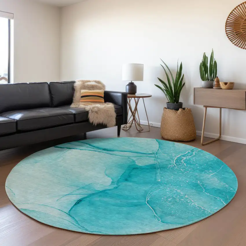 8' Teal And Ivory Abstract Washable Round Rug With UV Protection Photo 5
