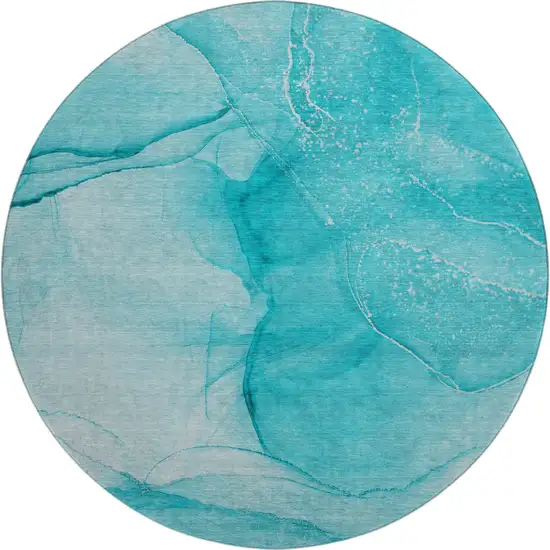8' Teal And Ivory Abstract Washable Round Rug With UV Protection Photo 1