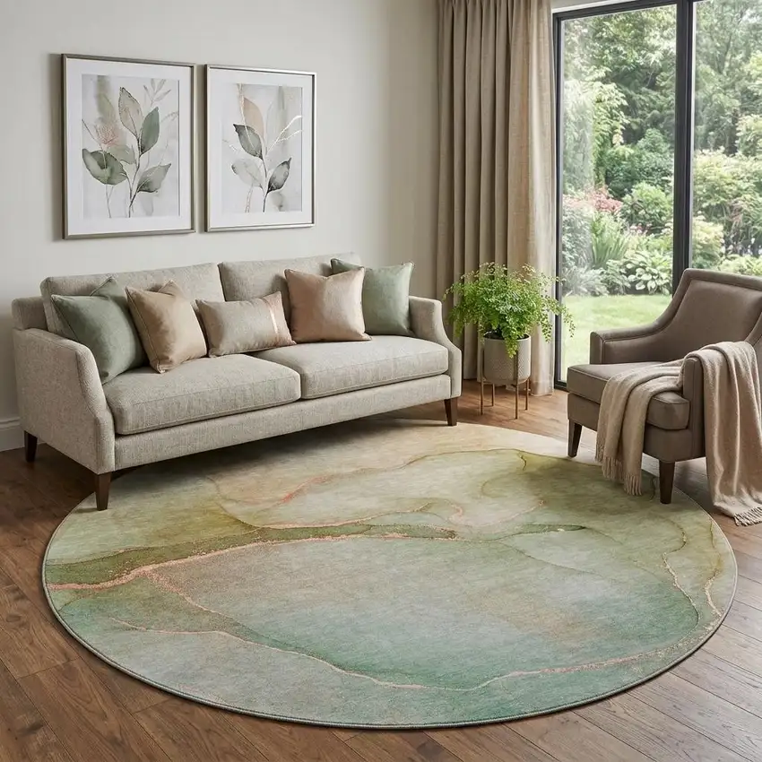 8' Teal And Ivory Abstract Washable Round Rug With UV Protection Photo 1