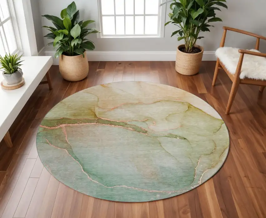 8' Teal And Ivory Abstract Washable Round Rug With UV Protection Photo 2
