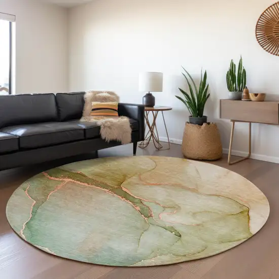 8' Teal And Ivory Abstract Washable Round Rug With UV Protection Photo 5