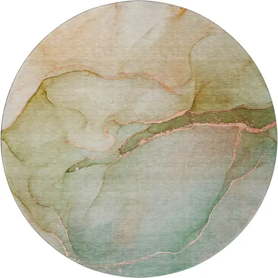 8' Teal And Ivory Abstract Washable Round Rug With UV Protection Photo 4