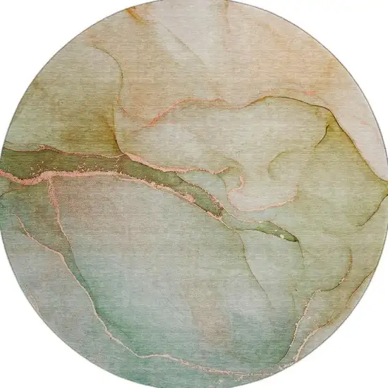 8' Teal And Ivory Abstract Washable Round Rug With UV Protection Photo 3