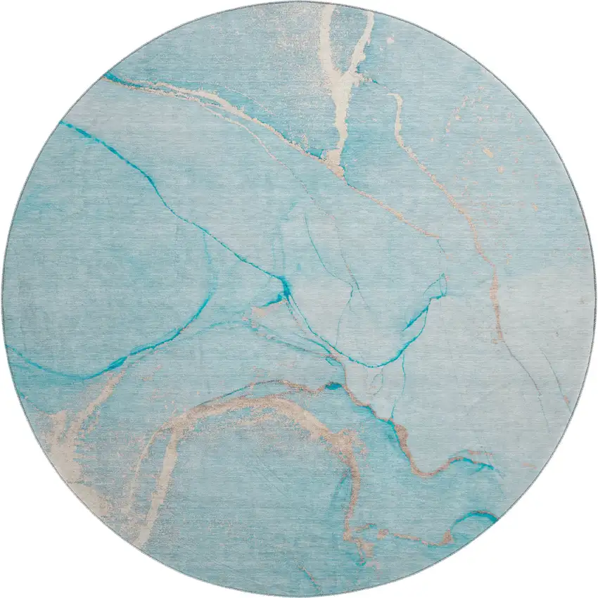 8' Teal And Ivory Abstract Washable Round Rug With UV Protection Photo 1