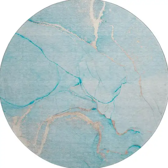8' Teal And Ivory Abstract Washable Round Rug With UV Protection Photo 4