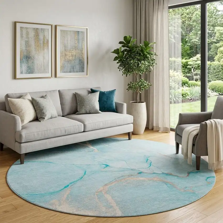 8' Teal And Ivory Abstract Washable Round Rug With UV Protection Photo 1