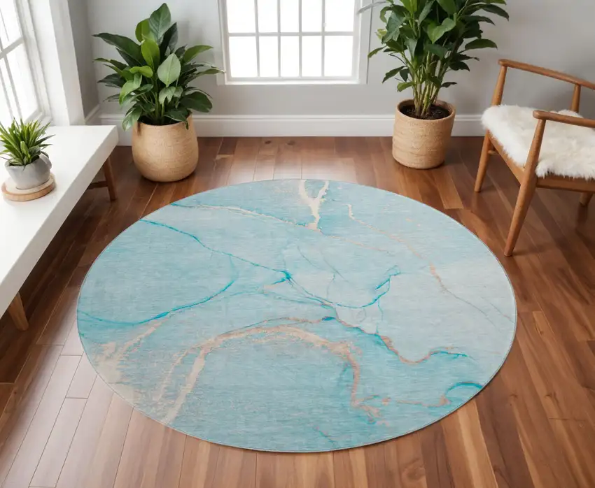 8' Teal And Ivory Abstract Washable Round Rug With UV Protection Photo 2