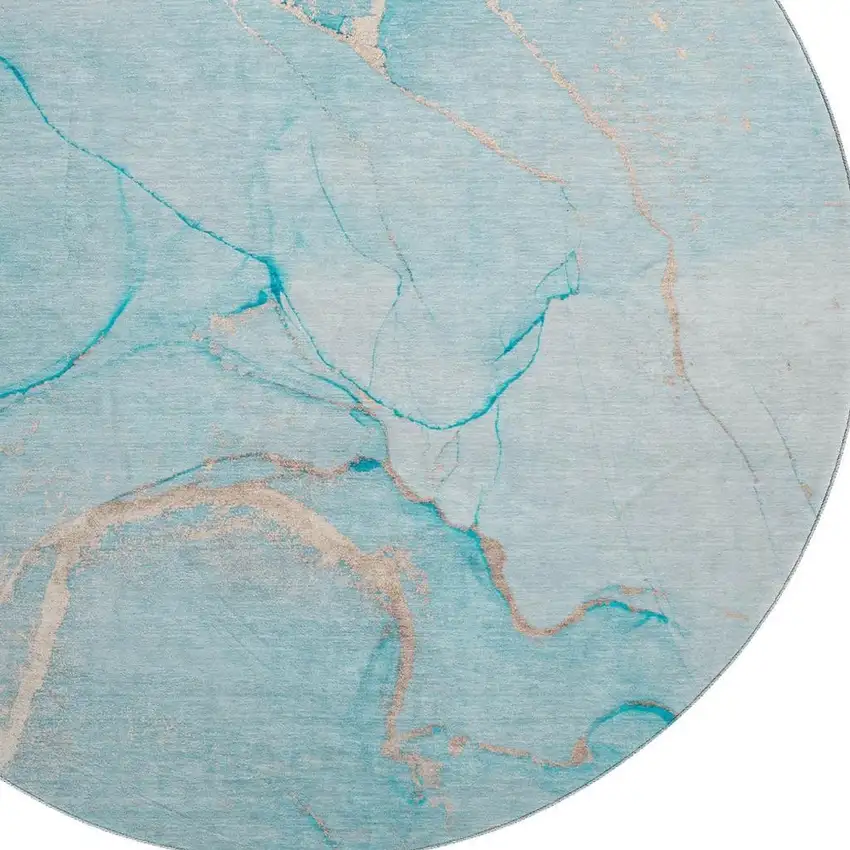 8' Teal And Ivory Abstract Washable Round Rug With UV Protection Photo 3
