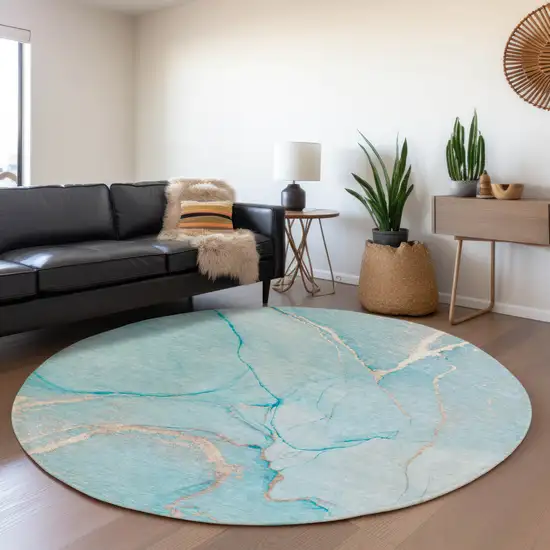 8' Teal And Ivory Abstract Washable Round Rug With UV Protection Photo 5
