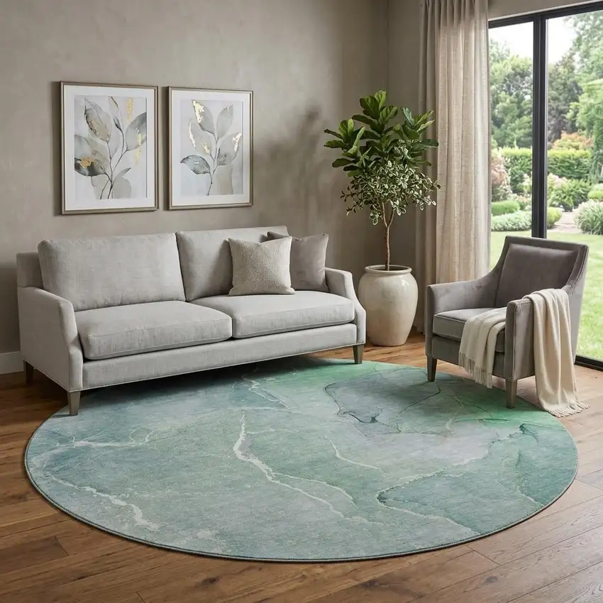 8' Teal And Ivory Abstract Washable Round Rug With UV Protection Photo 1