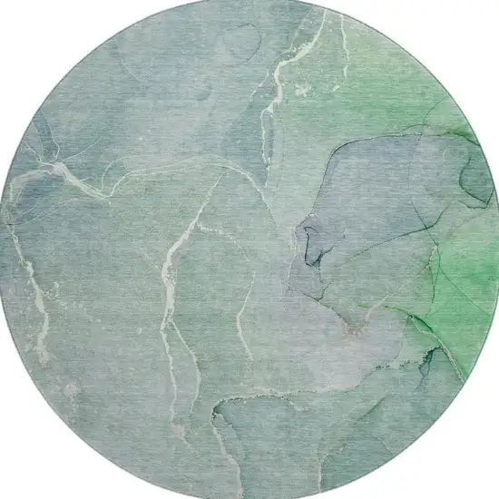 8' Teal And Ivory Abstract Washable Round Rug With UV Protection Photo 4