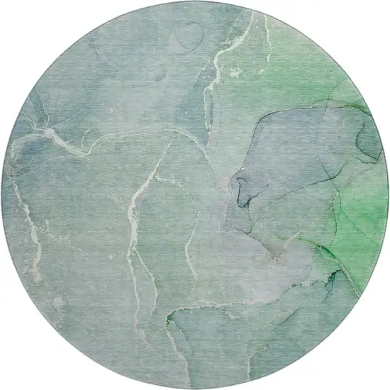 8' Teal And Ivory Abstract Washable Round Rug With UV Protection Photo 1