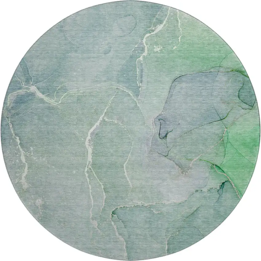 8' Teal And Ivory Abstract Washable Round Rug With UV Protection Photo 1