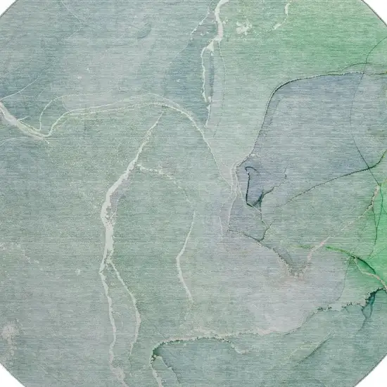 8' Teal And Ivory Abstract Washable Round Rug With UV Protection Photo 3